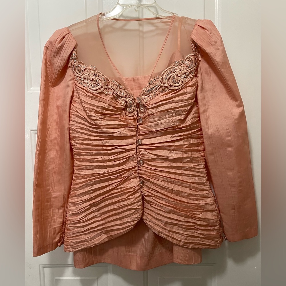 Vintage 80’s Fashion Peach Salmon Satin Button Jacket/Skirt Suit Knee Length 12